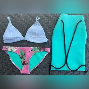 TRIANGL Swimwear 100% Neoprene swimsuit bikini, top, bottoms, and matching bag.
